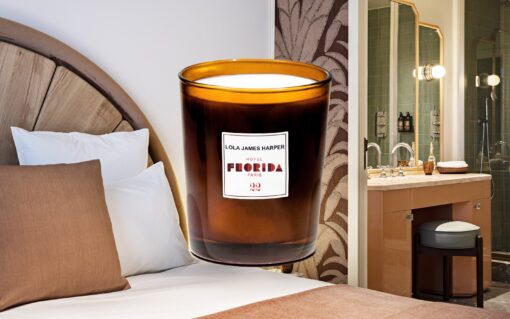 Hotel Florida 전용 룸 스프레이 제품 목업을 보여주는 이미지.